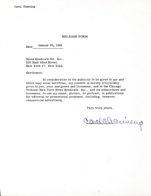 CAROL CHANNING - DOCUMENT SIGNED 01/20/1961