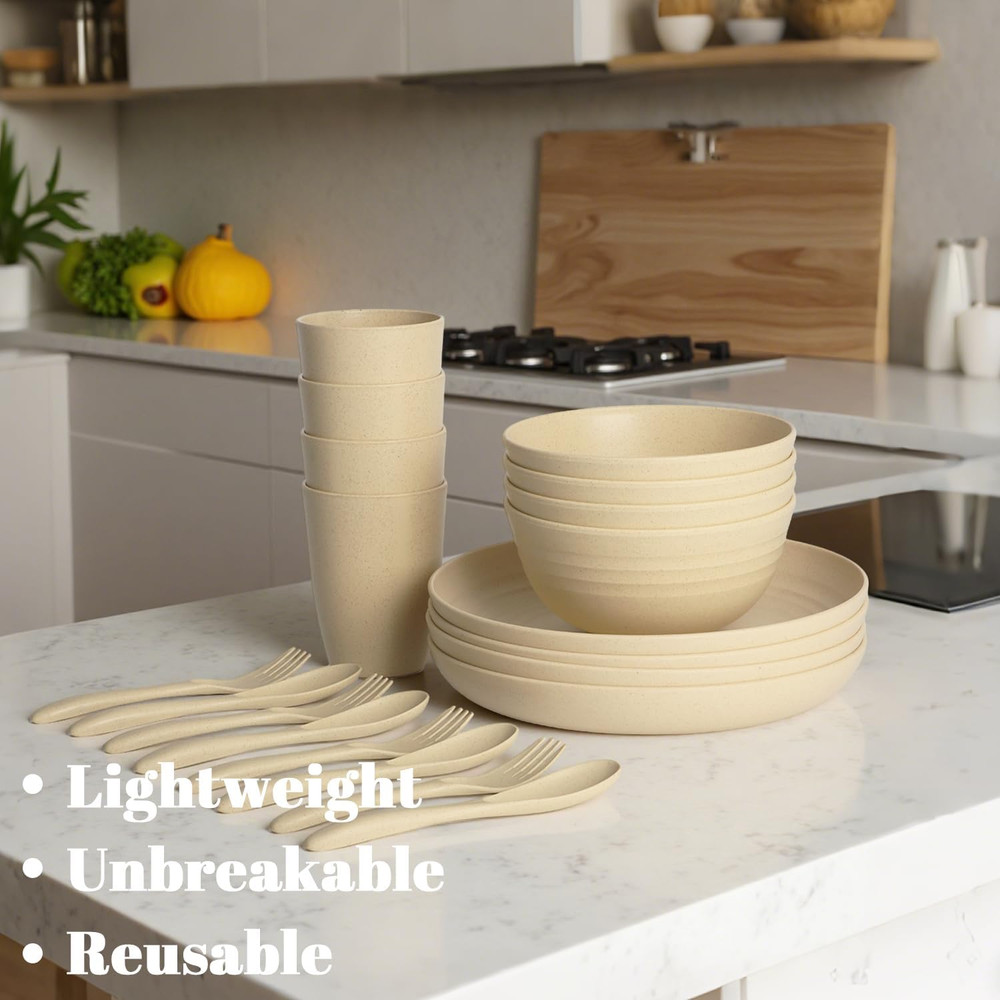 Premium Wheat Straw Dinnerware Sets | Service for 4 | Unbreakable Dinnerware Set