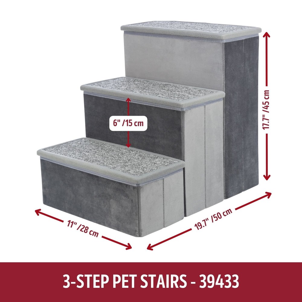 3-Step Foldable Velour Pet Stairs W/ Storage Gray