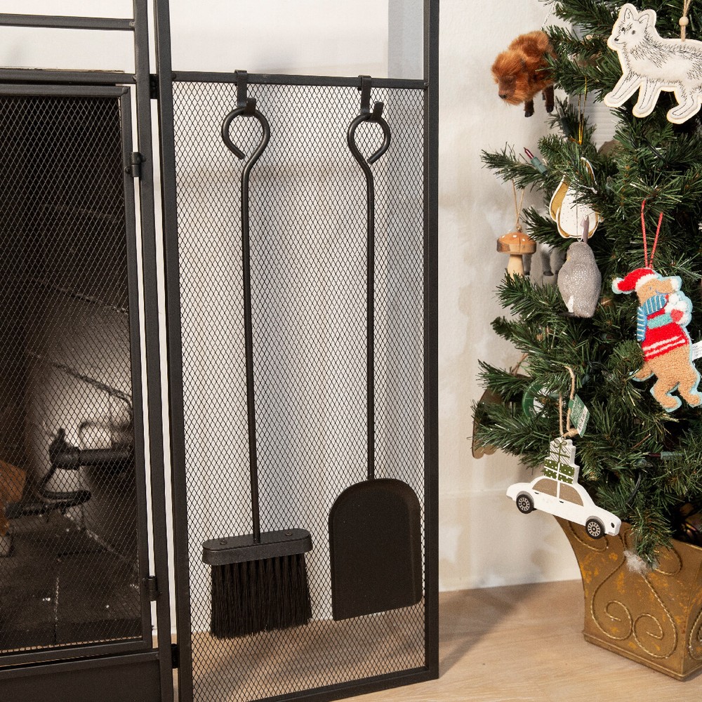 Barton 3-Panel Fireplace Screen Doors Guard With 4-Pieces Fireplace Tools Panels
