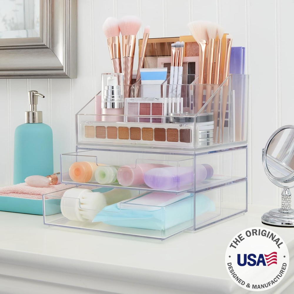 Chloe Stackable Makeup Holder & Drawer Organizer Set, Clear, BPA-Free Plastic...