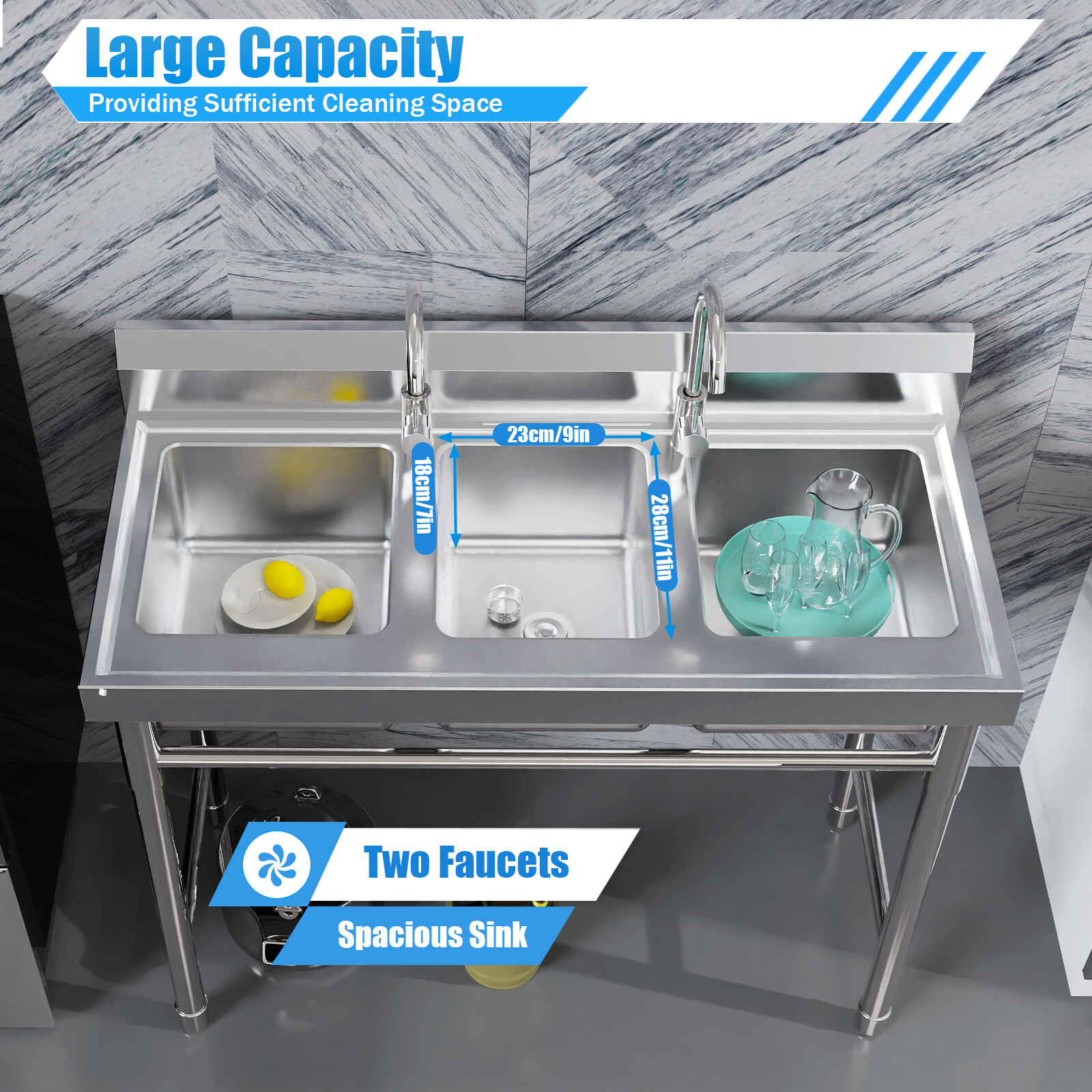 Commercial Stainless Steel 3-Compartment Sink for Kitchen & Catering Use