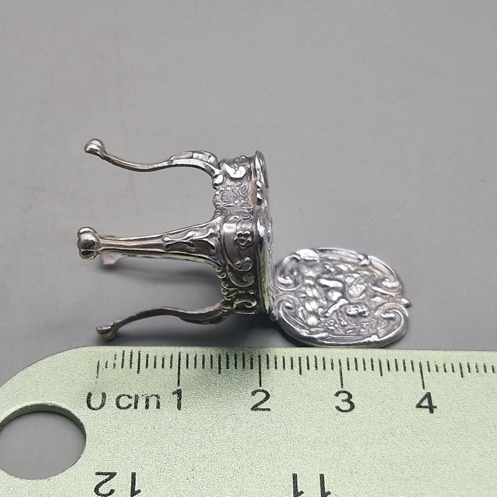 Vintage Solid Silver Miniature Dollhouse Table & Two Cherub Chairs
