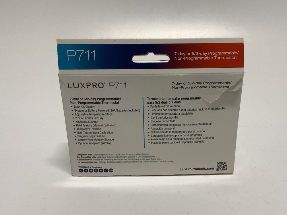 Luxpro 7 Day Programmable Thermostat P711 Single Stage Heating and Cooling