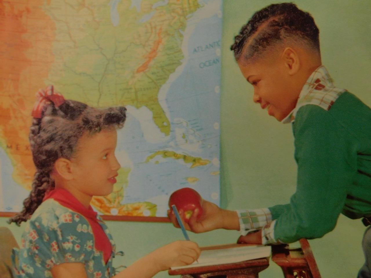 Black Americana Calendar Art Two Children Linked School Desks "School Daze" Blu2