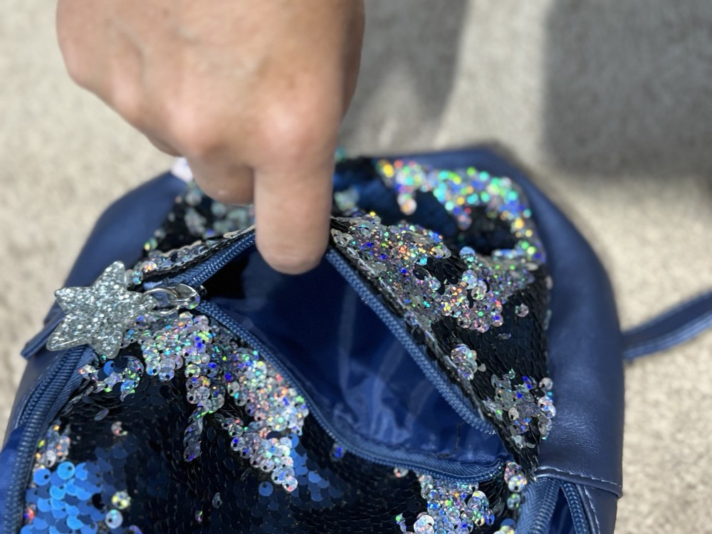 Girls Small Backpack Blue Rhinestone Two Pockets Adjustable Straps