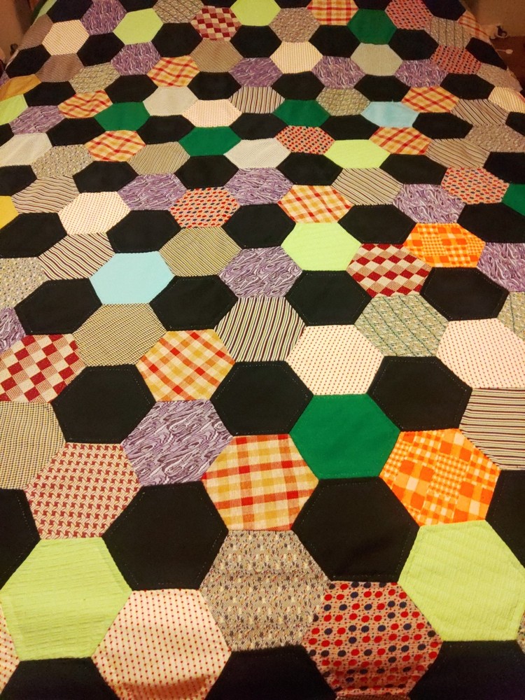Vintage Hand Stitched 88x80 Hexagon Patchwork Quilt
