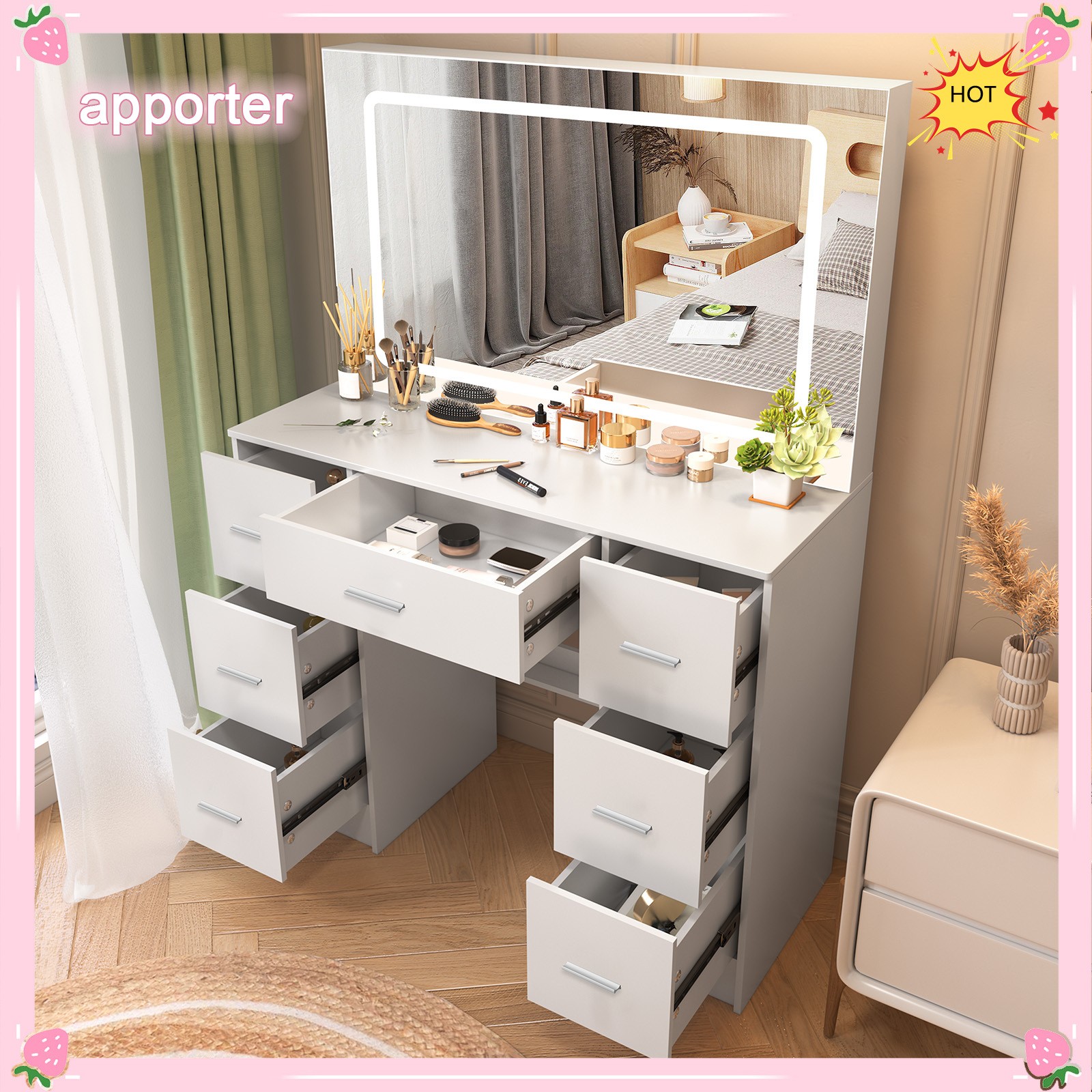 10 LED Lights With Large 3 Colors Mirror Makeup Dresser Desk Vanity Drawer Table