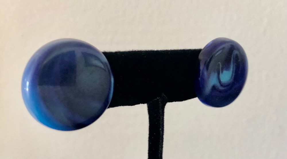 Vintage Blue Swirl Acrylic Button Earrings, Posts