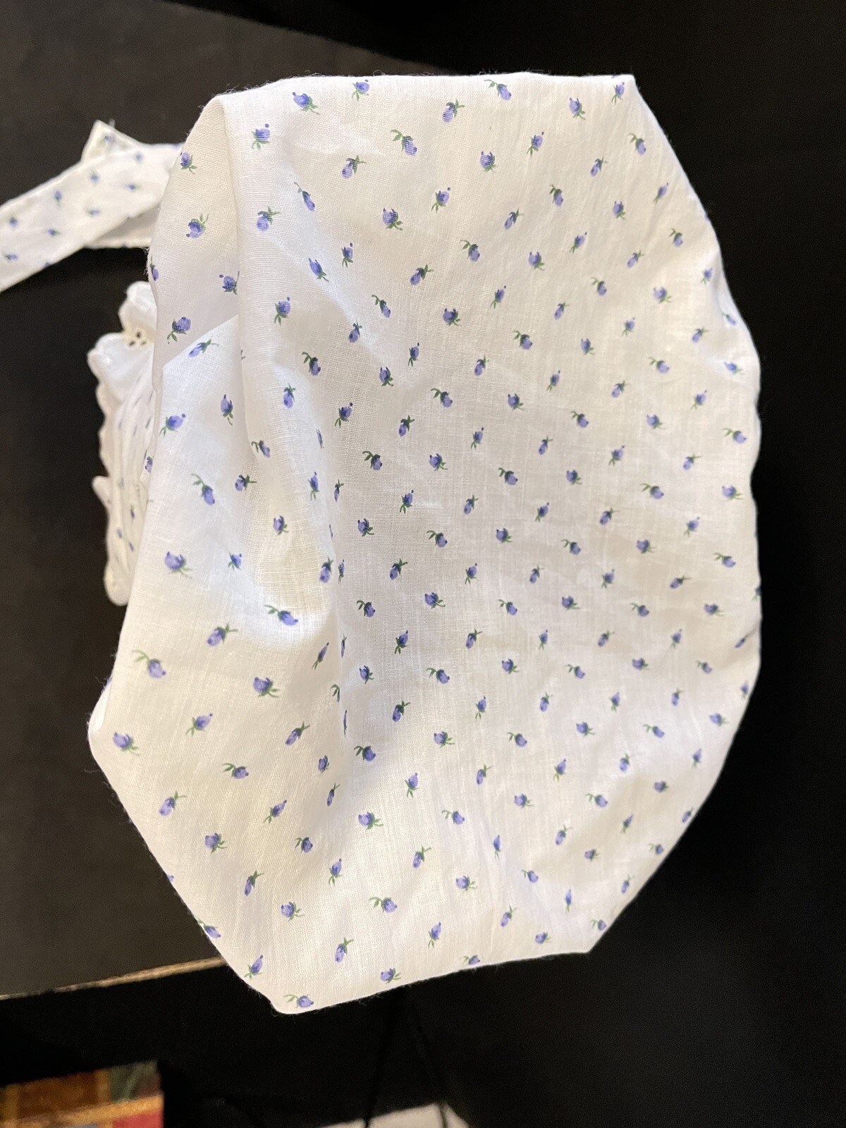 Vintage handmade thin Blue white Floral lace Colonial bonnet cap hat cottagecore