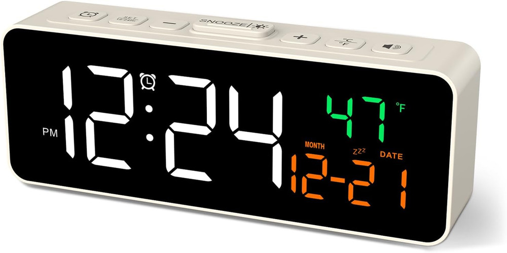 Digital Alarm Clock Temperature Display Adjustable Brightness Snooze Plug In