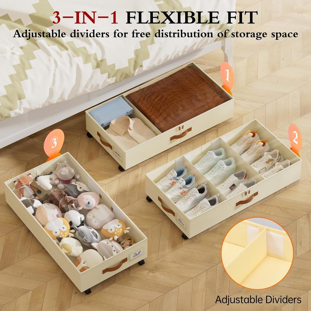 Rolling Under Bed Storage Bins with Wheels, 4 Pack, Adjustable Dividers, Beige