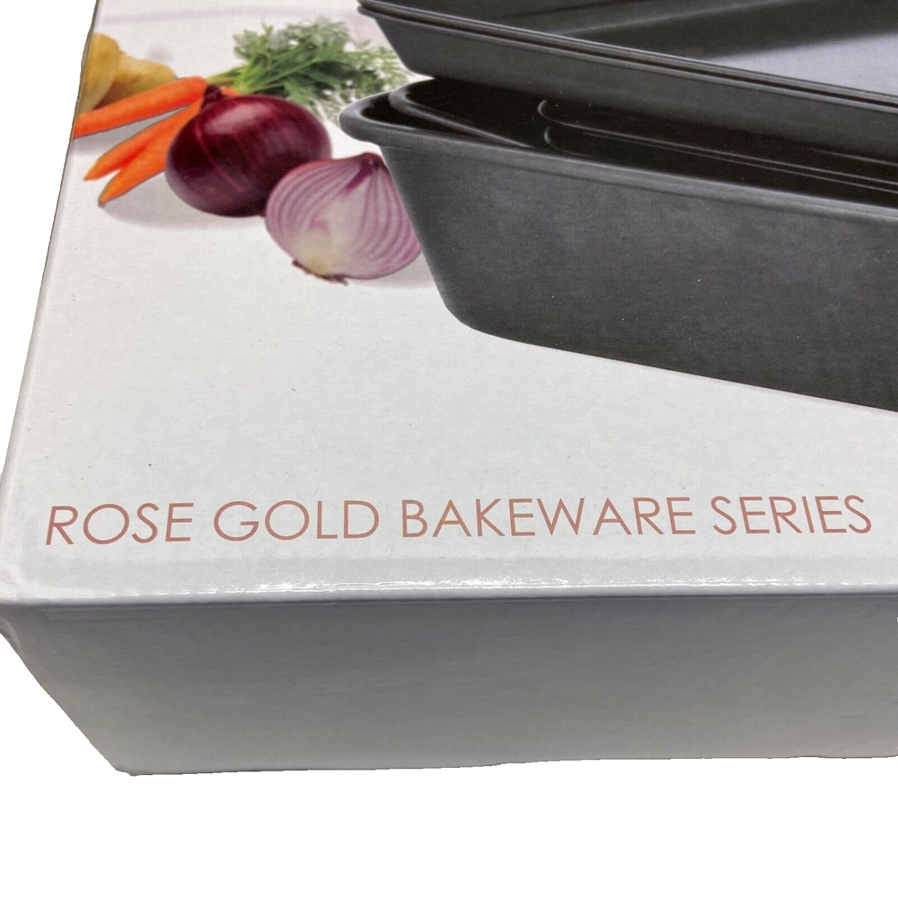 Delta 8 Piece Nonstick Stackable Bakeware Set Matte Black Rose Gold Trim NIB