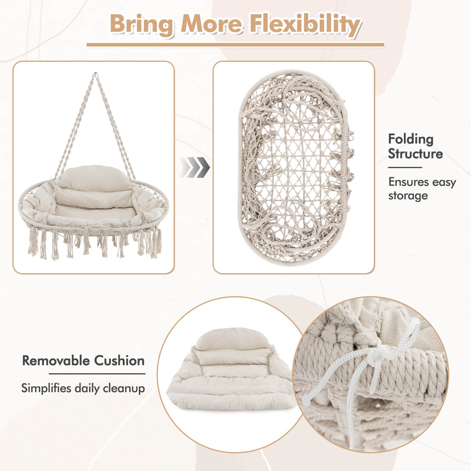 Swing Chair Hand-Woven Rope Hanging Chair w/Thick Cushion & Folding Metal Frame