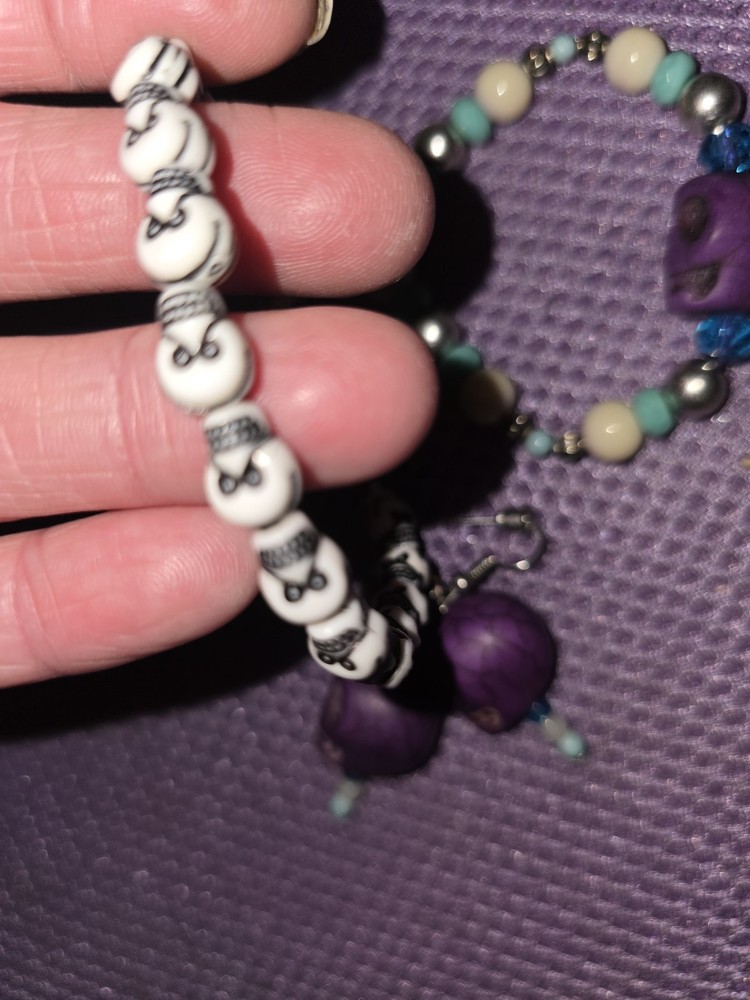 Skull Ear Ring & Bracket Set With Multiple Extra Multi Color Bracelts Set