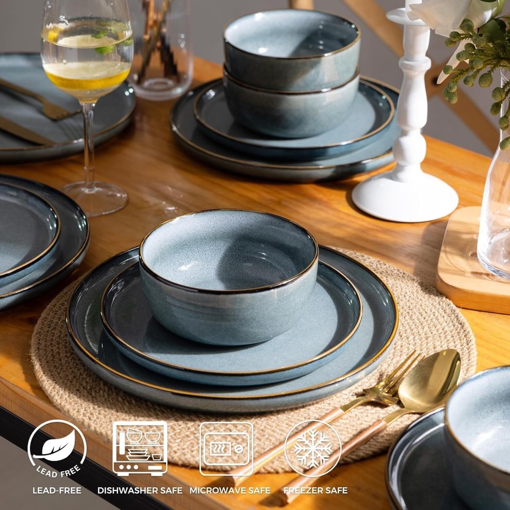 Ceramic Dinnerware Sets for 4 12 Pieces Stoneware Plates Bowls Sets Space Blue