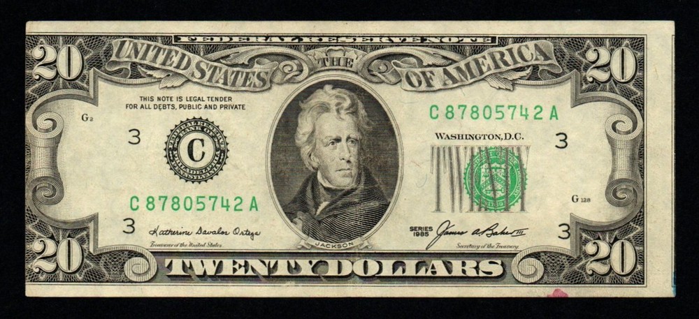 1985 $20 Misalignment PRINT ERROR Beautiful AU Federal Reserve Note!