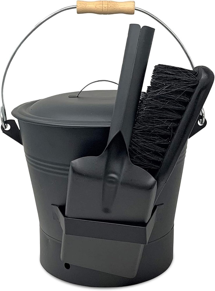 Black Ash Bucket with Lid, Complete Fireplace Tools Set, Includes Pail, Shove...