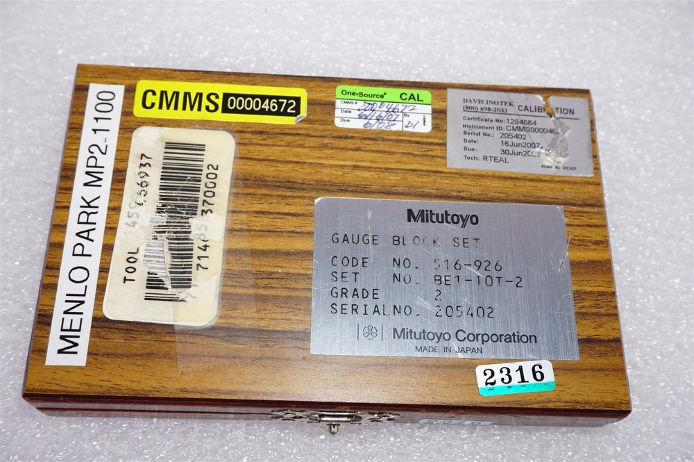 Mitutoyo 516-926 10-piece SAE Steel Rectangular Gauge Block Set Grade 2