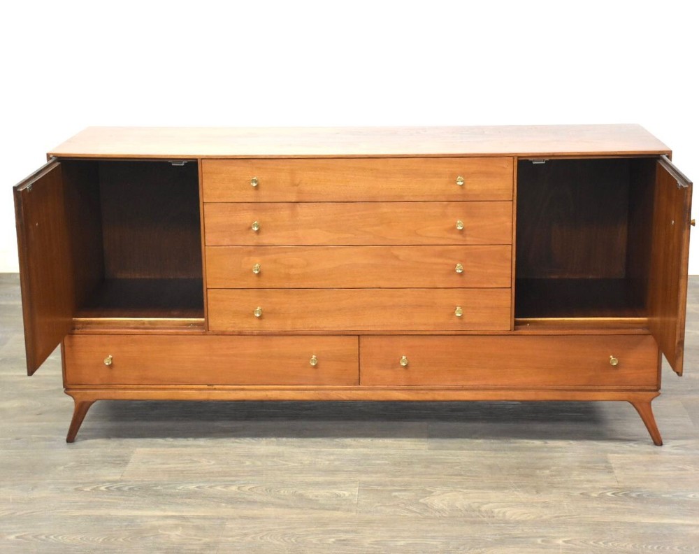 Walnut and Brass Mid Century Credenza