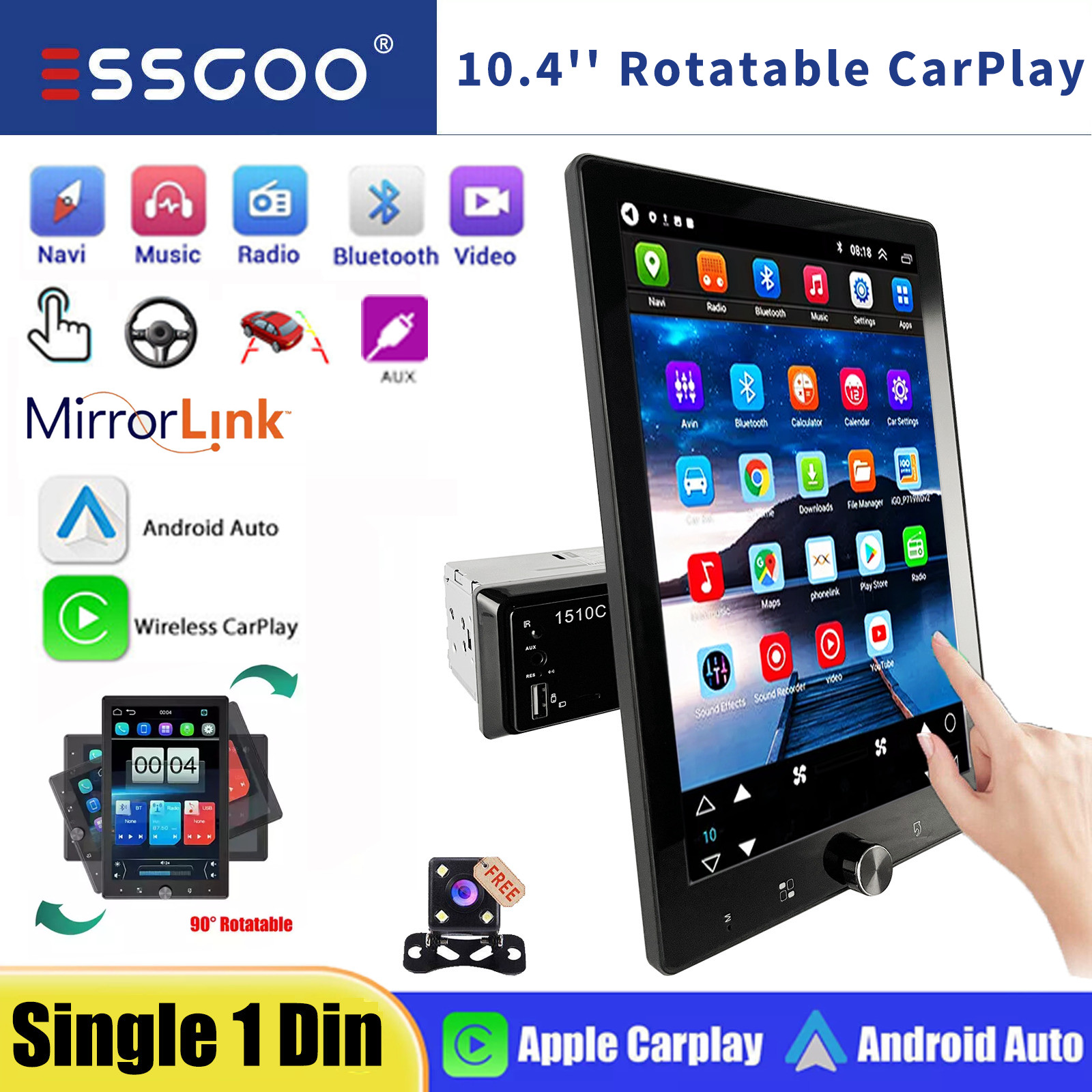 10.4" Single Din Touch Screen Stereo Bluetooth Radio Apple/Android Carplay+CAM