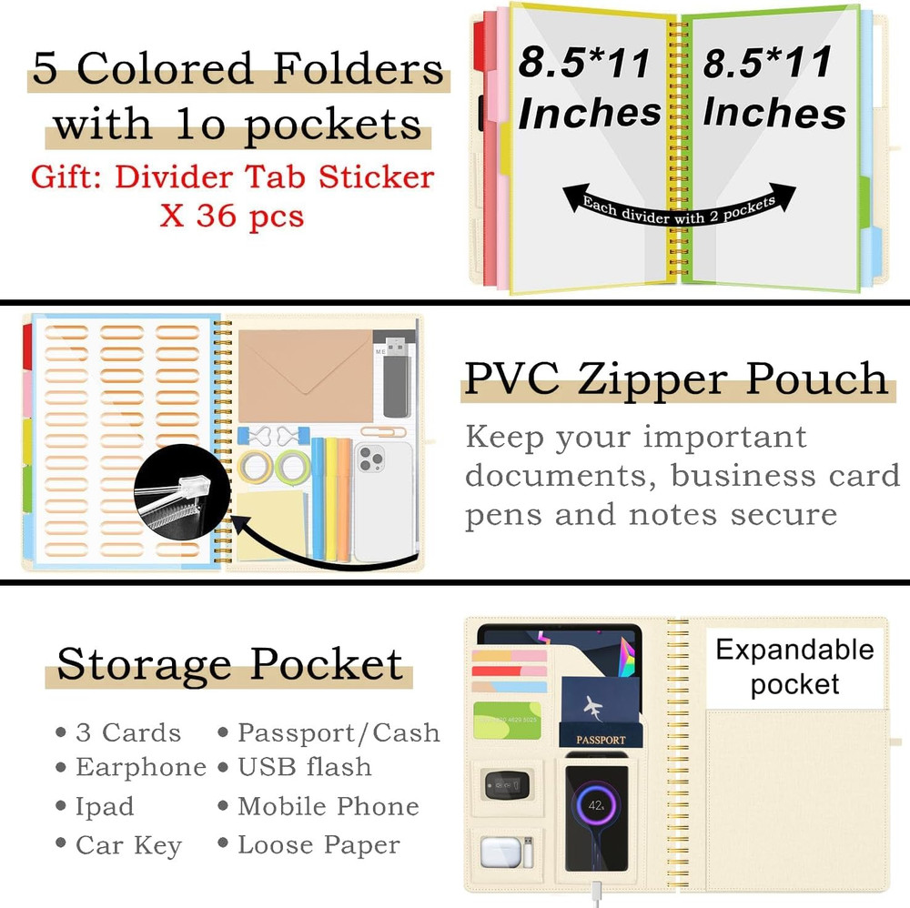 Beige Foldable Spiral Clipboard Folio with Storage Zipper Pouch, 5 Plastic Folde