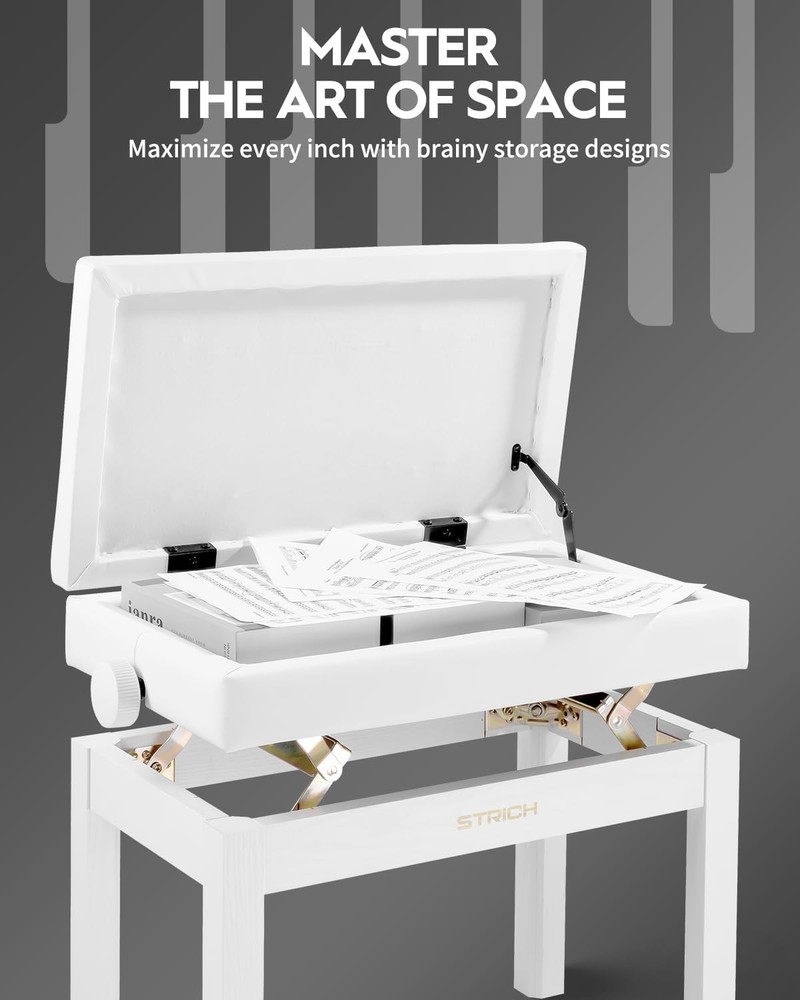 STRICH Adjustable Cushioned Piano Bench w/ Storage (WHITE)