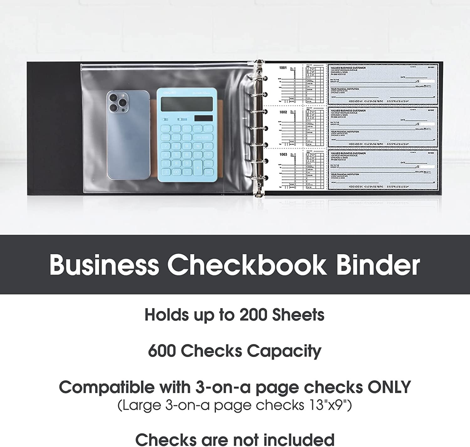 7 Ring Check Binder, 3-On-A-Page Business Checkbook Holder, 500 Checks Capacity,