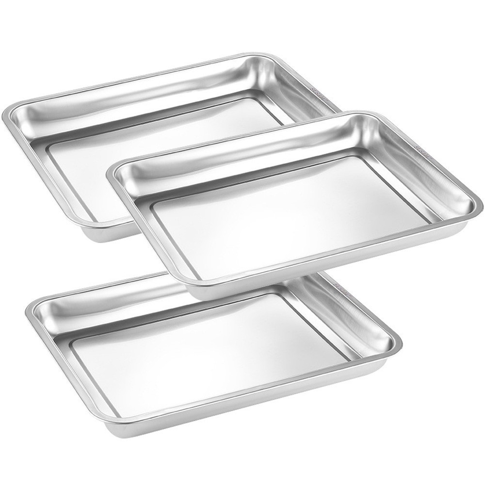 3pcs Oven Pan Stainless Steel Rectangular Heavy Duty Deep Edged Tray