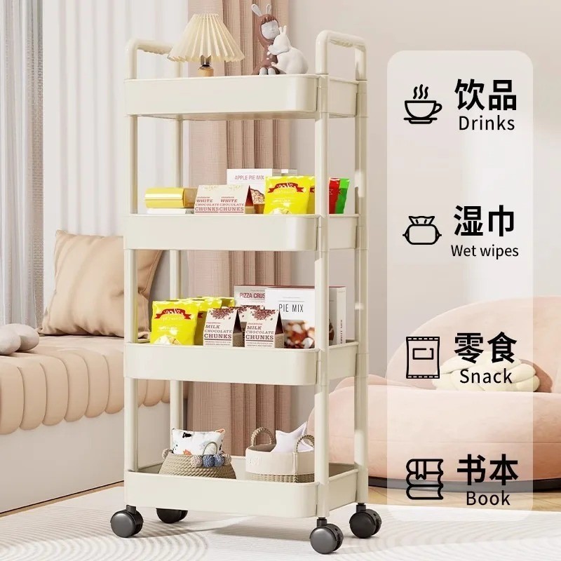 Floor-Standing Trolley with Handlebar Multi-Layer Storage Rack Kitchen Bathroom