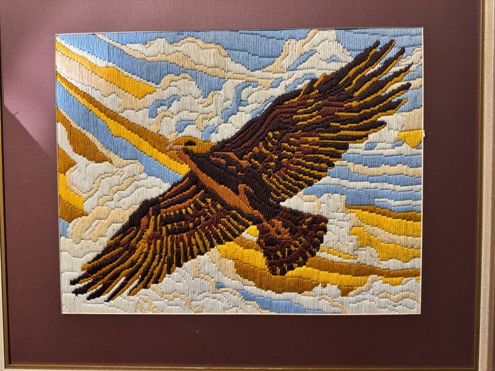 Large Vintage Needlepoint "An Eagle In Flight" - Framed