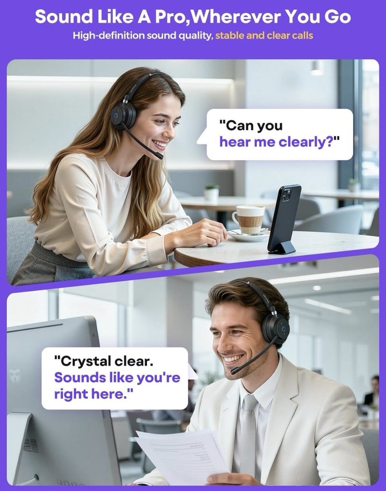 Rownfusny Wireless Headset with Mic for Work, Clear Sound ＆ Comfortable Compu...