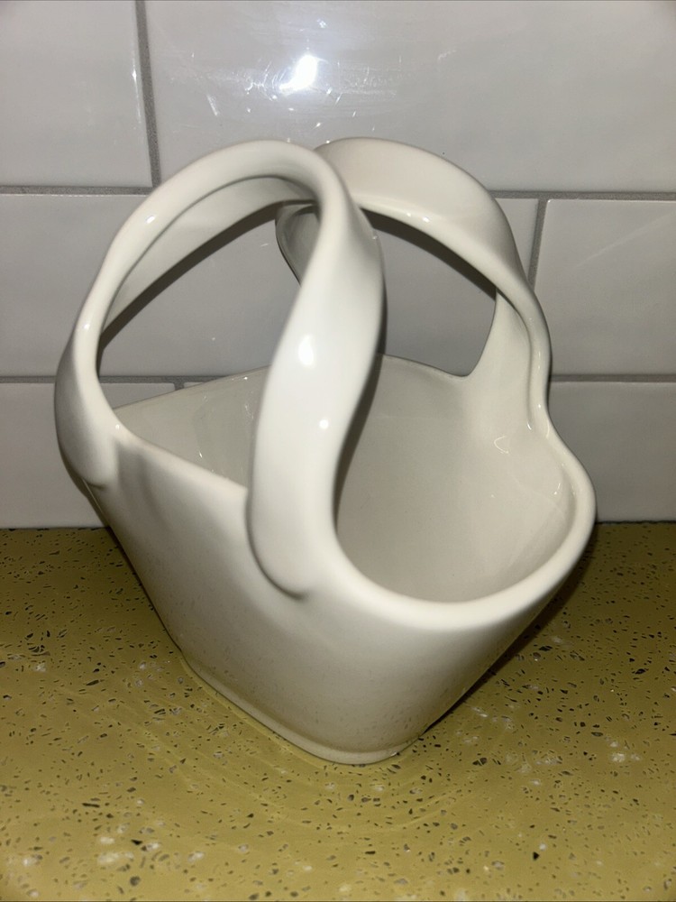 Pottery Barn Ceramic Basket 6.75" Ivory White Double Handle Easter Spring Summer