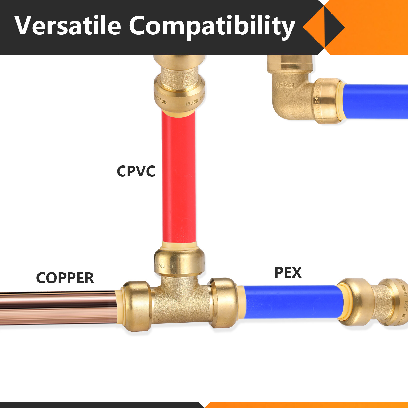 EFIELD (2 to 100 Packs) 3/4"×3/4"×3/4"Push Fit Equal Tee Brass Fitting Lead Free