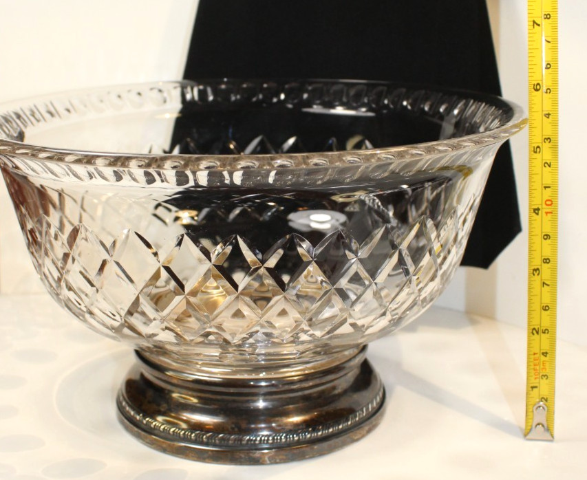 Lg Vintage Cut Crystal Bowl Footed Base Solid Sterling Silver Base Serving Fruit