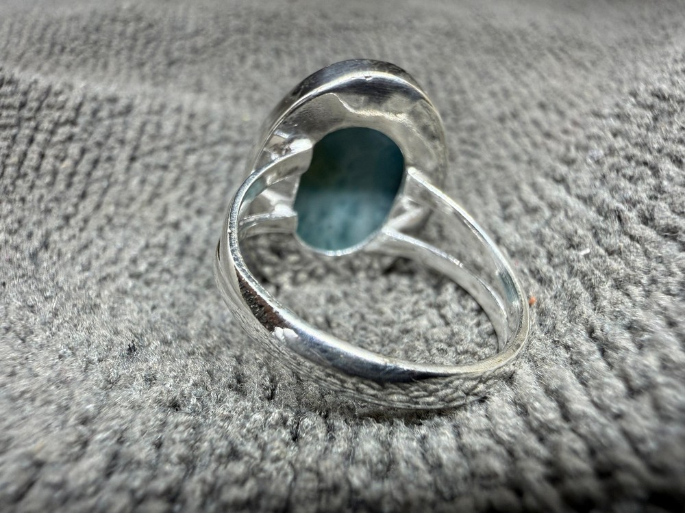 Solid 925 Sterling Silver Larimar Large Oval Blue Stone Handmade Boho Band Ring