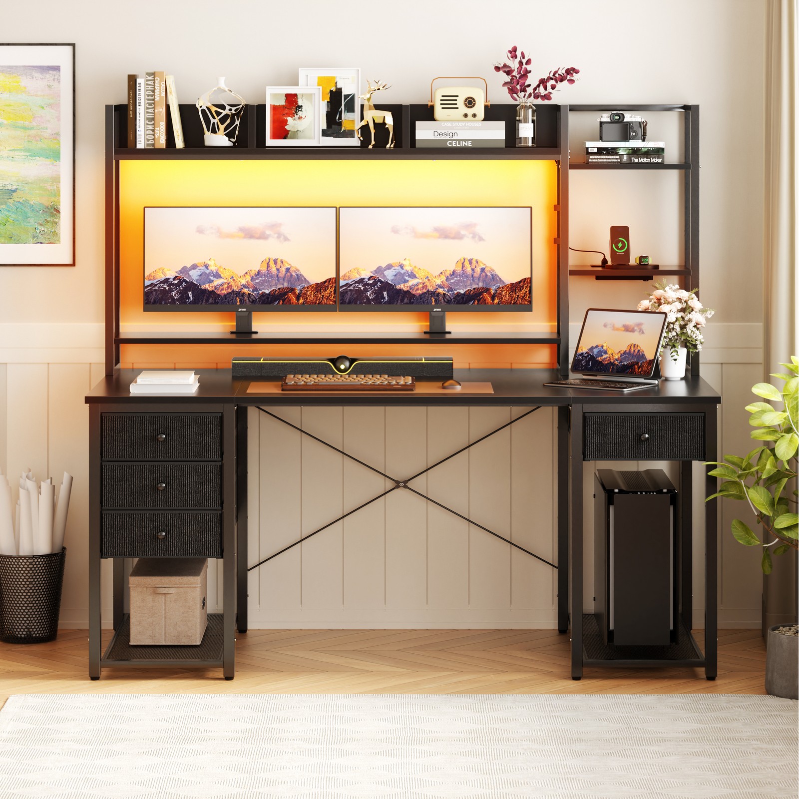 55'' Computer Desk with Hutch and 4 Fabric Drawer ＆ Charge Station ＆ LED Lights