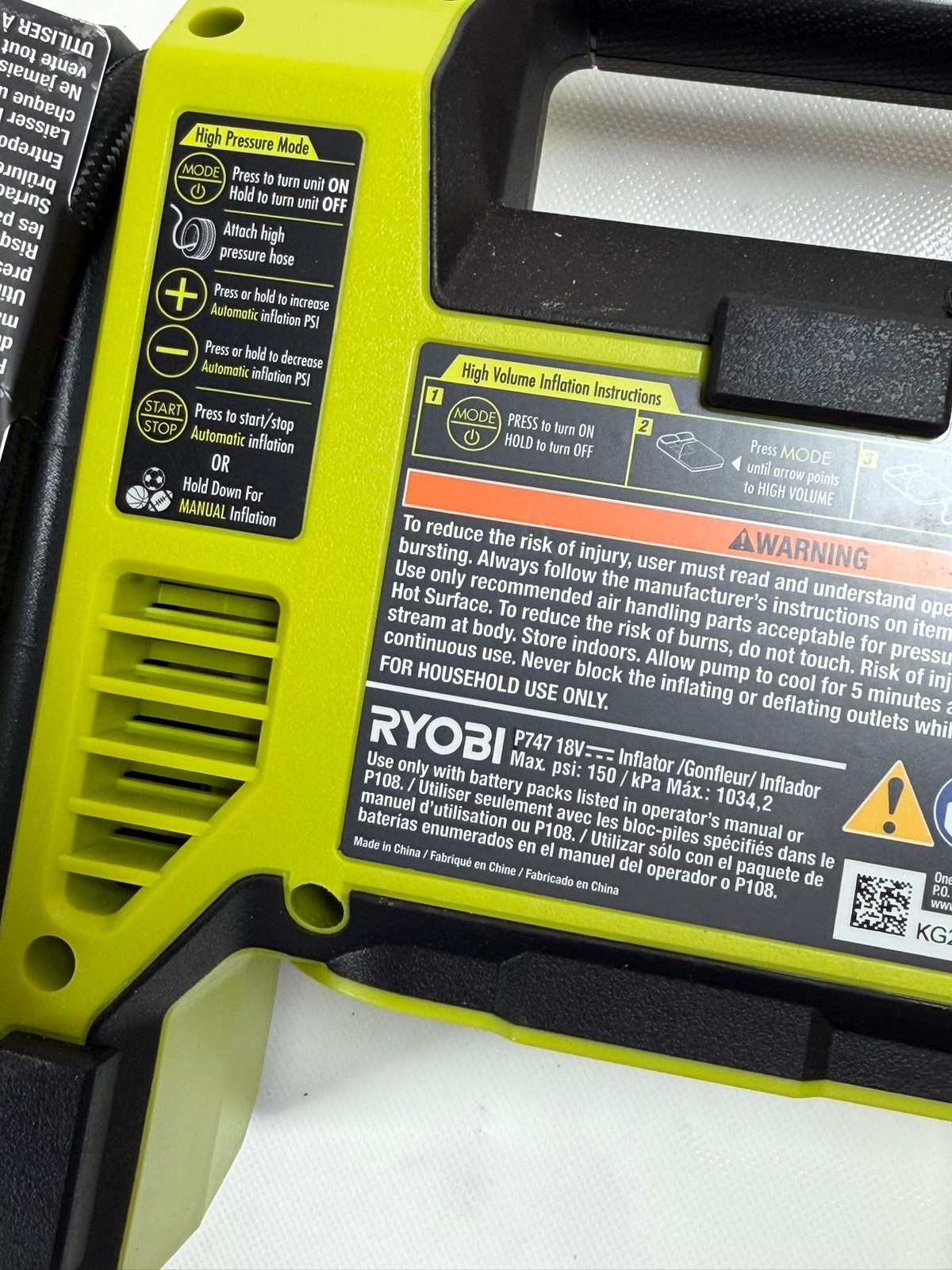Ryobi ONE+ 18V Cordless Inflator Deflator P747 Portable Air Compressor Tool Only