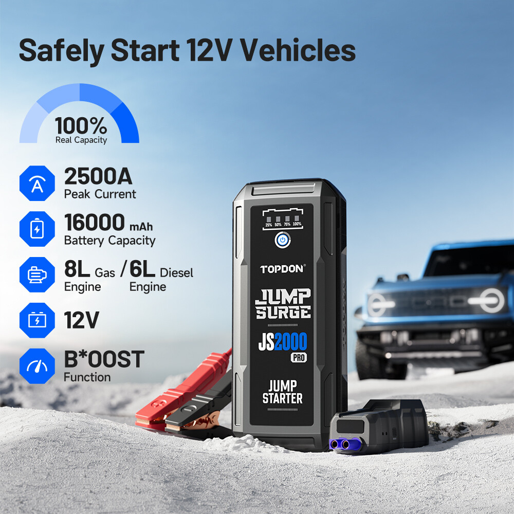 🔥2026 TOPDON JS2000 Pro Multifunction Jump Starter 2500A Peak Current 16000 mAh