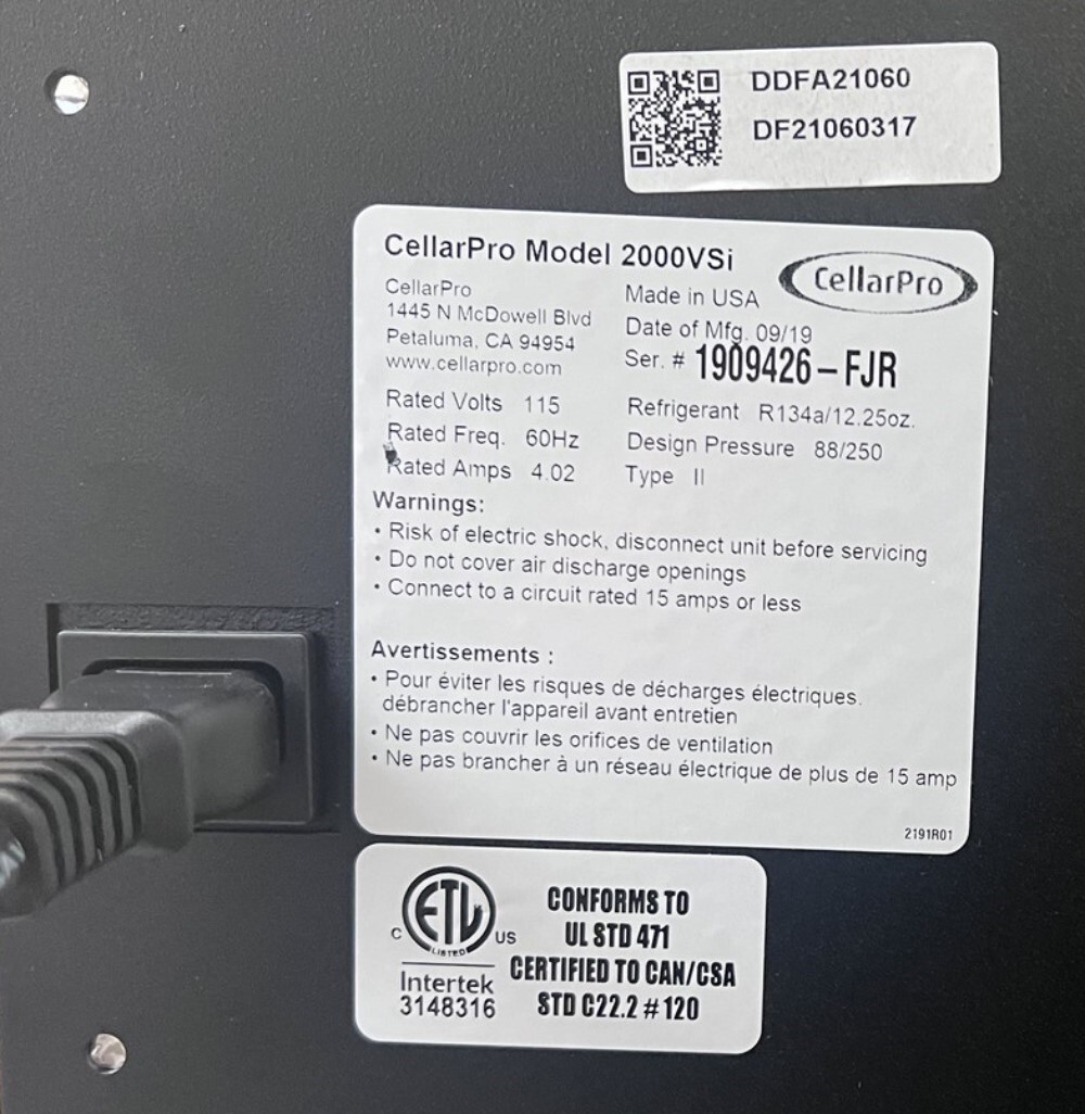 CellarPro 2000VSi 115V 60Hz 4.02A Type 2 Cooling Unit (READ)