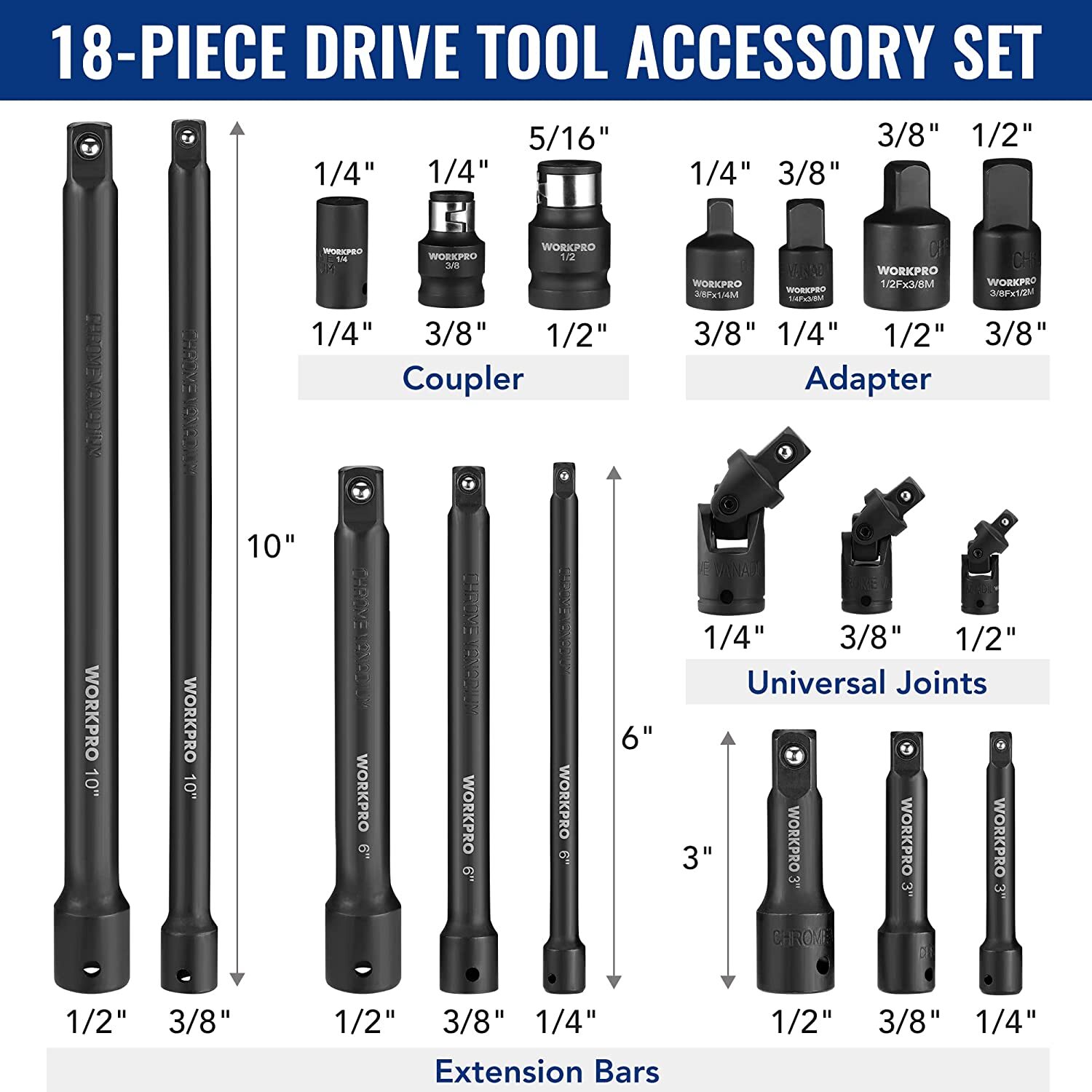 WORKPRO 18PCS Drive Tool Accessory Set 1/4"3/8''&1/2''Drive Corrosion-resistant