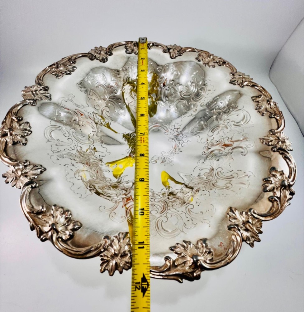Vintage Silver Plate Ornate Embossed Footed Serving Dish Bowl 11.75" #12326