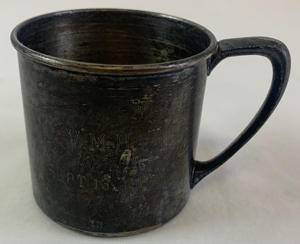 2.5x2.5x2.5 cup~ ONEIDA SILVERSMITHS ~ engraved VMH Sep 13, 1987 ~ weighs 3.4 oz