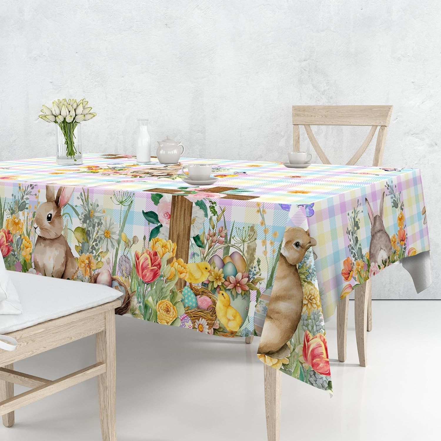 Easter Tablecloth, Easter Table Cloth Rectangle 60 X 84 with Bunny and Eggs, Buf