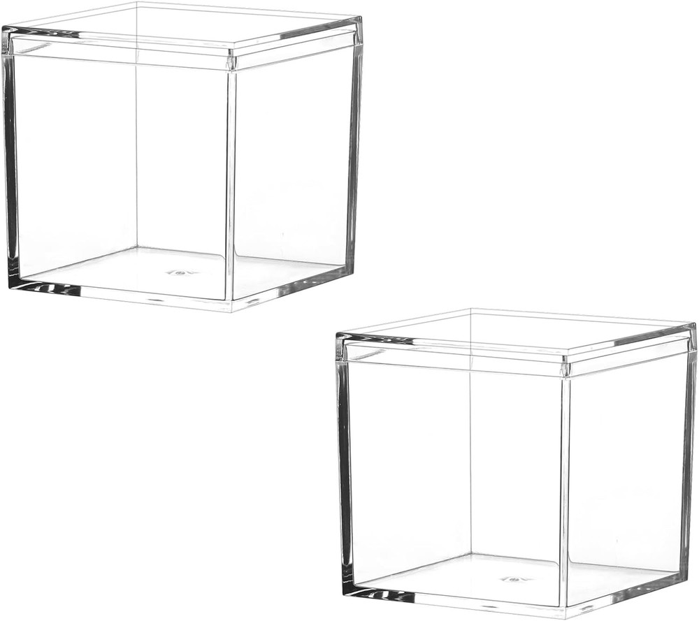 Small Acrylic Box Clear, 2Pcs Plastic Square Cube Containers with Lid Storage...