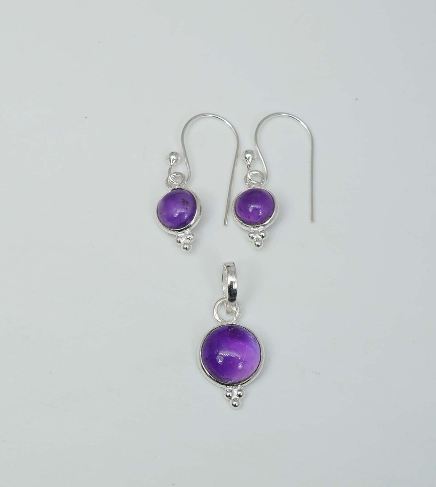 925 Solid Sterling Silver Purple Amethyst Hook Earring Pendant Set