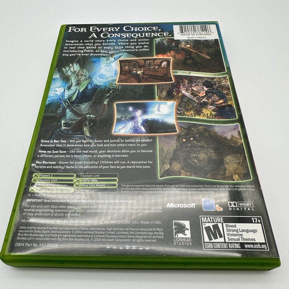 Fable Original Xbox Case & Manual Only Authentic Cover Art No Disc RPG
