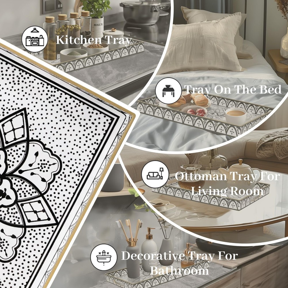 Plastic Serving Tray with Handles Rectangular Black Flower Pattern 15.8x11.8 In