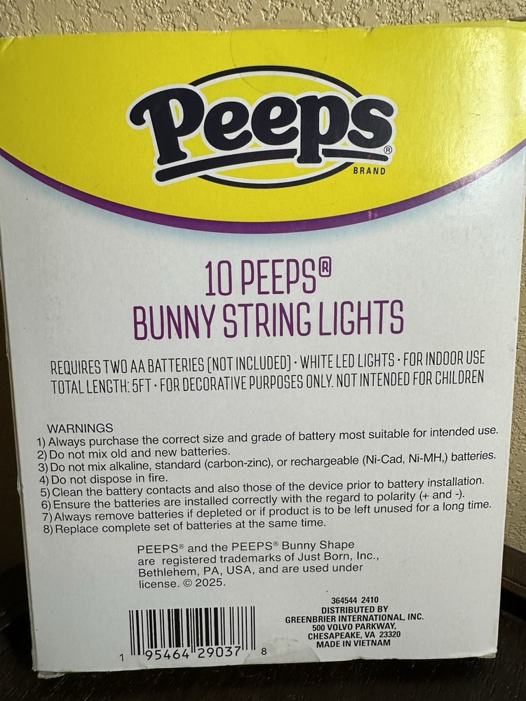 Peeps Bunny String Lights LED New Easter Indoor Battery Decor