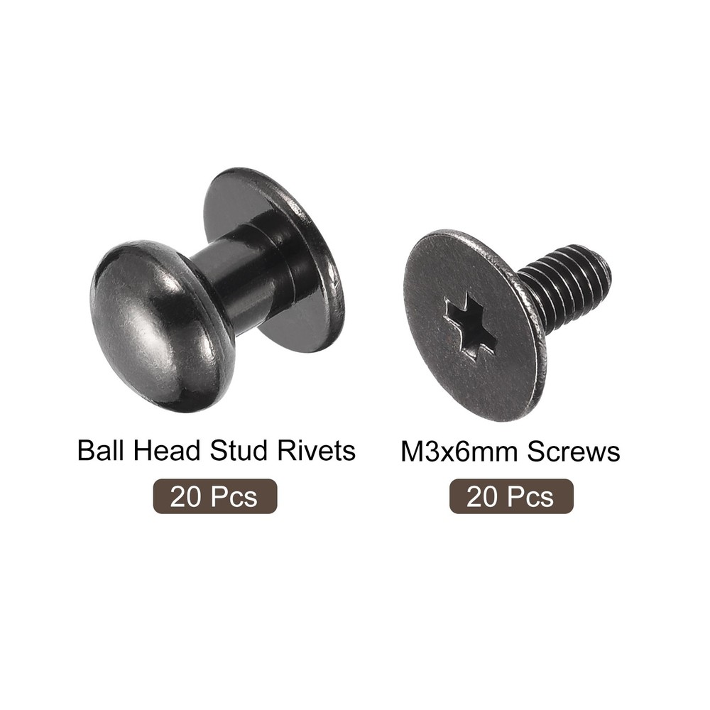20Pack 6mm Ball Head Stud Rivets Screw Back Button Nipple Rivet Metallic Black